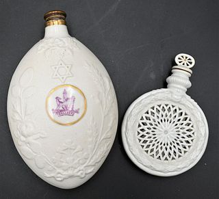 Two Belleek Bottles, small flask with purple mark on side, along with scent bottle with reticulated body, paid $1,375 in 1994, length 6 inches.Provena