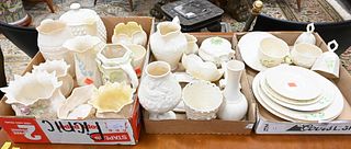 Three Tray Lots of Belleek, all having brown mark, to include vases, cups, saucers, plates, pitcher, vases, etc. Provenance: Collections of Norma Reil