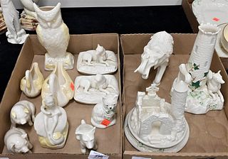 Two Tray Lots of Belleek Animals, to include cat, dogs, pigs, swans, elephant, owl, etc. Provenance: Collections of Norma Reilly, New Jersey.