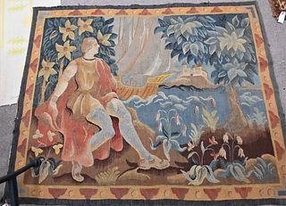 Two Continental Flatweave Throw Rugs, to include one depicting basket of flowers, the other with classical scene with figure, boot, and castle; 4' 1" 