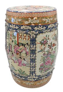 Chinese Porcelain Garden Seat, having painted panels of figures in courtyard, height 19 inches. Provenance: An estate from Redding, CT.