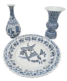 Three Blue and White Chinese Porcelain Pieces, to include a large charger, diameter 17 inches; beaker vase with flaring rim, having six character mark