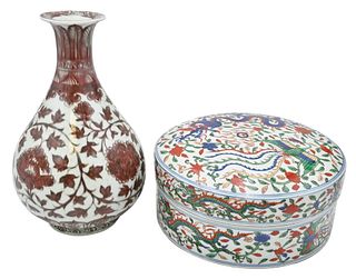 Two Chinese Porcelain Pieces, to include a pear shaped vase having painted red scrolling flowers and leaves, height 13 inches; along with a round cove