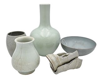 Five Piece Chinese Celadon Glazed Vases, globular vase, crackle glazed vase (as is), along with a bowl with incised lotus flower side, vase heights 14