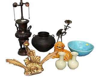 Group Lot, to include a bronze pot; bronze urn; bronze urn made into a table lamp, height 25 inches; yellow glazed foo dog; candle sconce; bronze hero