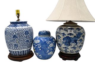 Three Blue and White Porcelain Pieces, to include a blue and white foo dog ginger jar; a blue and white ginger jar having scrolling vines and flowers;