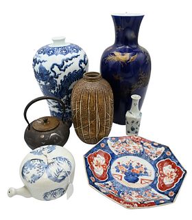 Seven Piece Group of Asian Items, to include a Chinese blue and white vase having dragons; a blue vase having gold painted flowers, height 18 inches; 