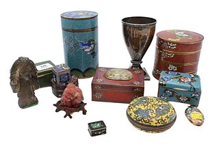 Group of Assorted Items, to include cloisonne box mounted with hardstone plaque, small cloisonne boxes, rock crystal figure (as is), N. Harding & Comp
