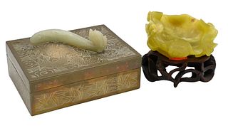Two Piece Chinese Group, to include a brass box having carved dragon handle, 3 1/2" x 4 3/4"; and a yellow hardstone lotus bowl on stand.