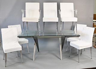 Nine Piece Dining Set, to include kitchen table, having expandable glass top over chrome base, height 29 inches, top 33 1/2" x 67", two 16 1/2" leaves