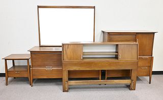 1970 Heywood Wakefield Five Piece Set, to include a long dresser, mirror, bed, tall chest, and stand, height 68 inches, width 60 inches.