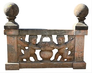 Marble Carved Wall, to include two ball tops, height with tops 49 inches, length 59 1/4 inches.