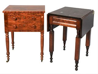 Two Sheraton Stands, circa 1830, to include one mahogany having two drawers, height 30 inches, top 10" x 22".