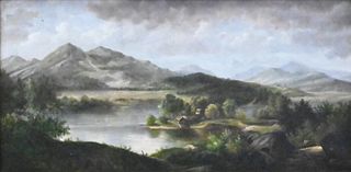 Continental Mountainous Landscape, cottage sitting on edge of lake, signed lower right "Harris", in ornate frame, 20th century, 24" x 48".