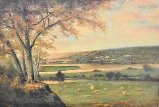 Nicholas Briganti (1861 - 1944), landscape view of the Oxbow from Mt. Holyoke, oil on canvas, 24" x 36".