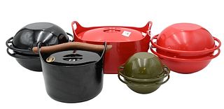 Five Piece Rosen Lew Timo Sarpaneva Enameled Serving Pieces, to include covered casserole dishes, saturnus stove pots, etc, largest height 7 inches, l
