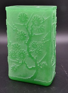 Steuben Acid Etched Green Jade Glass Vase, etched and frosted glass, having flowering tree, height 9 1/4 inches.