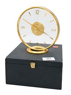Jaeger LeCoultre Desk Clock, 8 day Swiss made of brass and glass, along with fitted box, height 6 3/4 inches. Provenance: Collections of Norma Reilly,