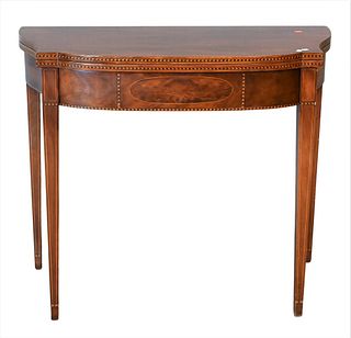 Irwin Custom Mahogany Federal Style Games Table, having D shaped top with drawer, on square tapered legs, signed in drawer, height 30 inches, width 36
