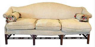 Margolis Chippendale Style Camel Back Sofa, having three down cushions all on blind carved squared leg, connected by pierce carved stretchers, along w