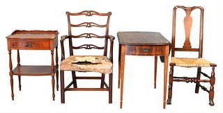Margolis Four Piece Lot, to include Pembroke drop leaf table, height 28 inches, open top 42" x 33", top closed 20" x 33"; Sheraton nightstand, Queen A
