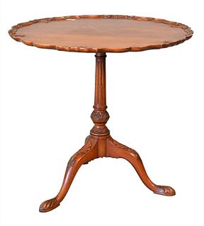 Margolis Mahogany Piecrust Table, on pedestal base, (slight sun fading), height 27 1/2 inches, diameter 28 inches.