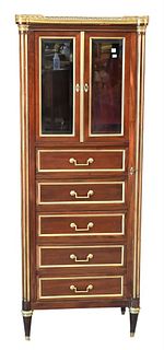 Louis XVI Style Cabinet, having gallery marble top, two doors, and five drawers with lock side, height 61 inches, width 23 inches, depth 13 1/2 inches