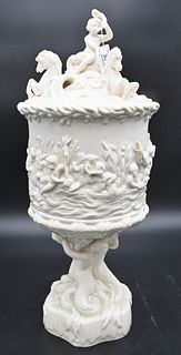Belleek Porcelain Prince of Wales Ice Pail and Cover, cover modeled with a putti seated on a dolphin, surrounded by sea horses, high relief with conti