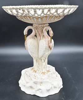 Belleek Porcelain Basket, on crane form pedestal base, having reticulated basket dish top on crane pedestal base, standing on rock and foliate base, b