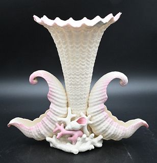 Belleek Cornucopia Shell Form Vase, having cornucopia center vase with shell form side dishes on coral form base, black mark on bottom, height 9 3/4 i