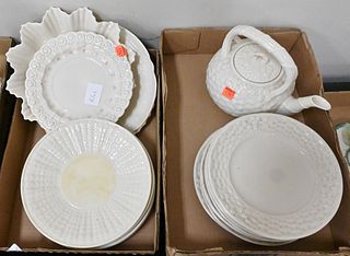 Three Tray Lots of Belleek, to include plates, teapot, shell dishes, etc.; all with black mark. Provenance: Collections of Norma Reilly, New Jersey.