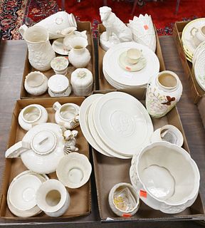 Four Tray Lots of Belleek Collectors International Society, to include thorn flower pot, wolfhound, dragon teapot set, vases, creamer, sugars, etc. Pr