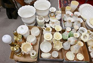 Six Tray Lots of Belleek, to include a pair of jardinieres, vases, lamps, candlesticks, bowls, etc.; all with green marks. Provenance: Collections of 