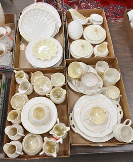 Four Tray Lots of Belleek, to include cups, saucers, plates, pitchers, creamers, sugars, covered dished, etc.; all with green marks. Provenance: Colle