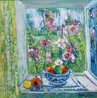 Yolande Ardissone (born 1927), flowers and fruit in window, oil on canvas, signed lower right Ardissone; 38 1/2" x 38 1/2".