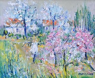 Yolande Ardissone (born 1927), landscape with flowers and trees, oil on canvas, titled "Pintemps en Loire", signed lower right Ardissone, in gilt fram