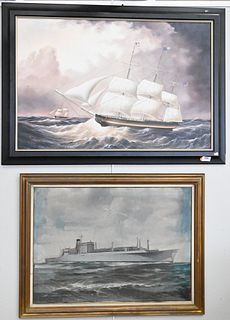 Two Piece Nautical Lot, to include two oils on canvas of ships on the ocean, one signed indistinctly lower left, the other signed J. Glogier lower lef