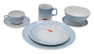 70 Piece Set of Pillivuyt Porcelain Dinnerware, "Blue Fish Bubble", to include 13 dinner plates; 19 salad plates; 12 soup bowls; 4 bread and butter pl