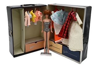 1962 Barbie Double Case, redhead bubble cut doll having red nails and green earring, case height 13 inches, case width 10 1/4 inches.