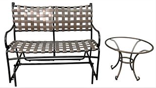 Brown & Jordan Six Piece Outdoor Set, to include two loungers, glider, tea cart (one glass missing), footstool, along with a small round glass top tab