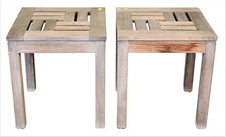 Pair of Country Casual Teak Outdoor Side Tables, height 22 1/2 inches, top 20" x 20".