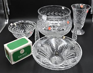 Large Group of Glass, to include Waterford bowls, vases, Galway punch bowl, and glasses in boxes; bowl diameter 10 1/2 inches, vase 7 inches. Provenan