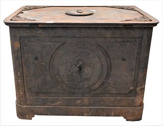 Iron Safe, having two large handles, two key holes, (keys missing), height 24 1/2 inches, top 24" x 33 1/2".
