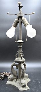 Triple Dolphin Base Lamp, for glass shade, height 22 inches. Provenance: Estate of Florence Yannios, Cheshire, CT.