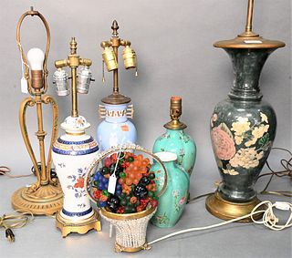 Six Table Lamps, to include a pair of Chinese vases made into lamps; glass basket of fruit boudoir lamp, two porcelain lamps, along with a metal lamp 