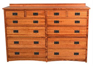 Michaels for Restoration Hardware Mission Oak Style Double Chest, all with cedar lined drawers, one handle missing, height 46 inches, top 18 1/2" x 65