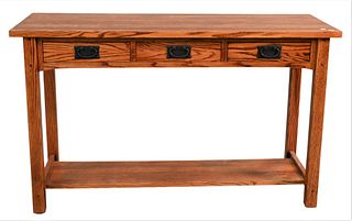 Michaels for Restoration Hardware Mission Oak Hall Table, having three cedar lined drawers, height 30 1/2 inches, top 18 1/2" x 50".