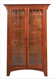 Ethan Allen Cherry Mission Style China Cabinet, having glass shelves, height 70 inches, width 43 inches, depth 15 inches.