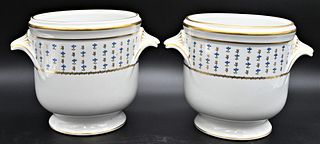 Pair of French Limoges Porcelain Raynaud Cache Pots, height 7 inches, diameter 6 1/2 inches.