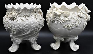 Two Large Belleek Jardinieres, one spiral having encrusted flower and shells, on three scroll footed base, black mark on bottom; along with one mounte